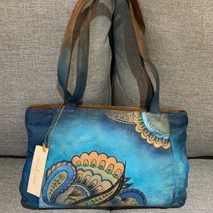 Anuschka Blue Paisley Hand-painted Leather Satchel Bag